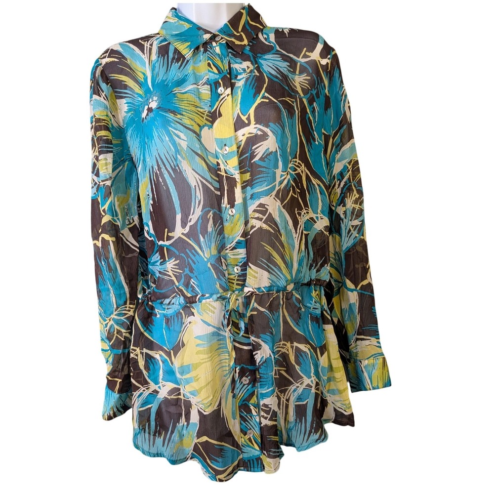 Chicos Silk Tropical Floral Button Down Drawstring Waist Blouse Size 1 Medium
